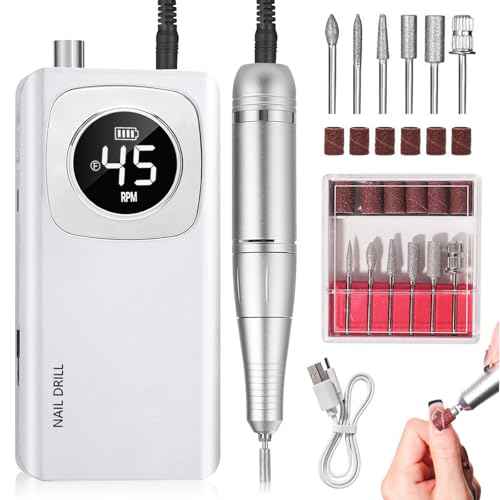 Portable Nail Drill Professional 45000 RPM, Rechargeable Electric Nail File Machine E File for Acrylic Gel Polishing Removing, Cordless E-File with Bits Kit for Manicure Salon Home