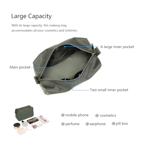 YONBEN Army Green Travel Makeup Bag with Ring Clasp Wristlet - Nylon Compact Organizer
