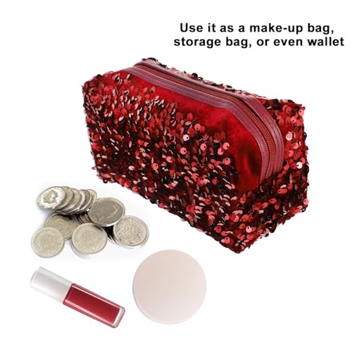 VALICLUD Sequin Cosmetic Bag, Portable Glitter Makeup Bag, Large Capacity Travel Toiletry, Dark Red Square Storage Pouch for Women
