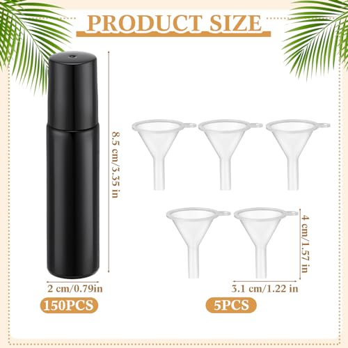 Sumind 150 Pack 10ml Glass Essential Oil Roller Bottles with Black Caps & Funnels