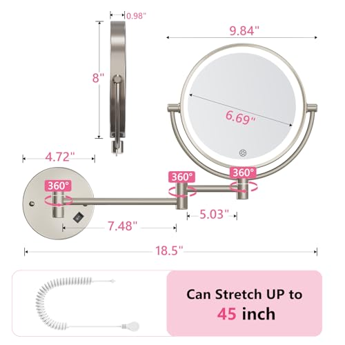 FASCINATE Brush Nickel Wall Mounted Makeup Mirror with Lights 30X/1X Double-Sided