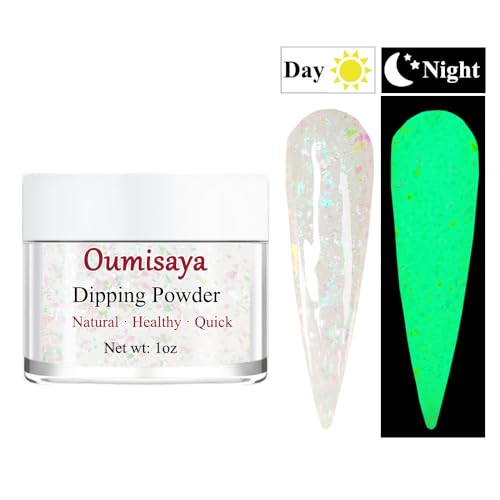 OUMISAYA Glow in the dark Holographic Nail Clear Dip Powder Colors 1OZ Pefect Top Coat Powder with opal foils for black nails art