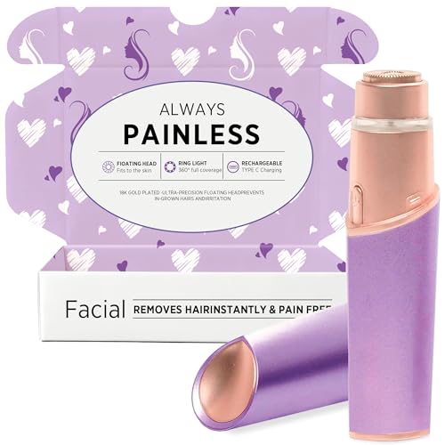 Facial Hair Removal for Women: Electric Razor for Smooth Skin Painless Trimmer Rechargeable Shaver for Upper Lip Peach Fuzz Chin Pocs Hair at Home Travel Gifts for Women(Purple)