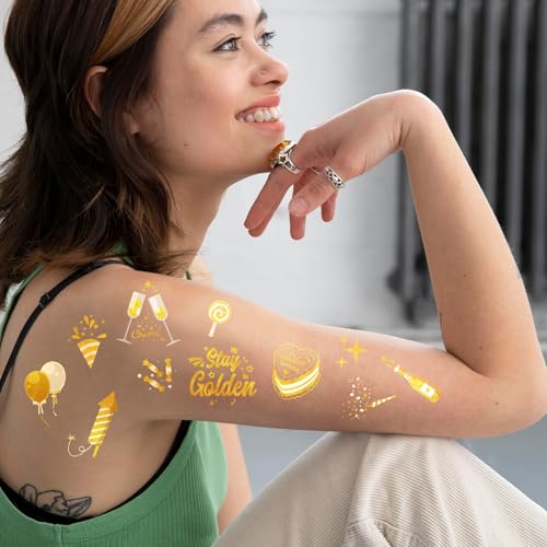 Golden Birthday Temporary Tattoos, 100 Gold Styles - Stay Golden Birthday Temporary Tattoos Decorations for Girls Women and Men Birthday Party Supplies Favors Accessory Gift