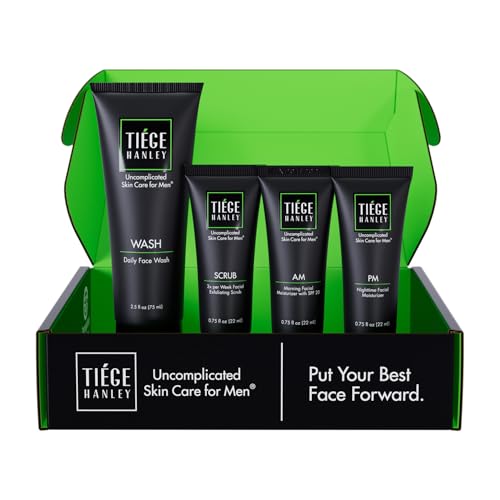 Tiege Hanley Skin Care Set for Men, Essential Routine, System Level 1, Daily Face Wash, Facial Scrub, Moisturizer With SPF, and Night Cream for Healthy, Hydrated Skin, Men¡¯s Skin Care, 4 Piece Kit
