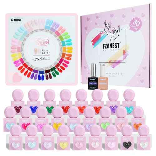FZANEST Hema-free Gel Nail Polish Set, 30Pcs 10ml TPO-free Nude Pink Red Blue Green Yellow All Season Gel Polish Colors with Rubber Base Top Coat Soak Off UV LED Nail Gel Kit