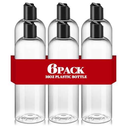 6 Pcs 16 oz Clear Plastic Empty Bottles with Black Disc Top Caps, Squeezable Refillable Shampoo Bottles Travel Cosmetic Containers for Lotions, Body Soap Cream
