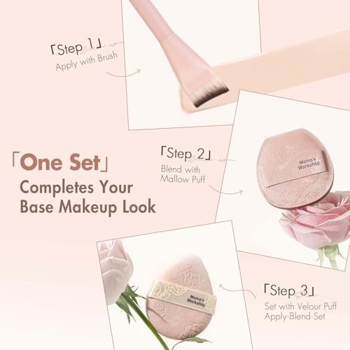 Momo's Workshop Rosy Reverie Trio Makeup Brush and Sponge Set?Satin Rose Edition 3-Piece Kit for Foundation and Powder&Fish Tail Brush, Flat Blending Sponge & Velour Powder Puff for a Flawless Finish