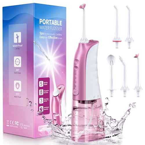 Demita Cordless Water Flosser for Teeth, 300ML 3 Modes 5 Jet Tips Portable Electric Flosser Pick for Adults, IPX7 Waterproof Oral Irrigator Cleaning Kit for, Gums, Braces Care(Pink) Mother's Day Gifts