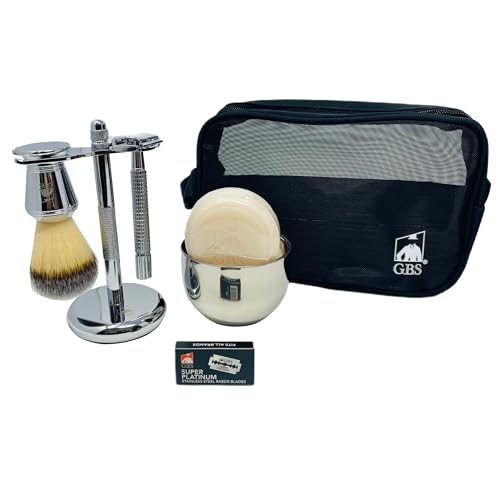 GENTS Men's Grooming Shaving Kit - Butterfly DE Safety Razor, Badger Bristles Brush, Chrome Shaving Soap Bowl, Shaving Soap, Brush and Razor Stand With 10 DE Blades