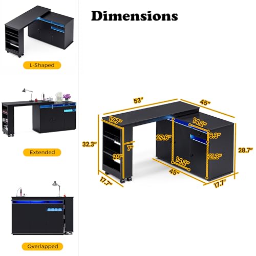 L-Shaped Manicure Table with LED Light, Storage & Rotating Desk