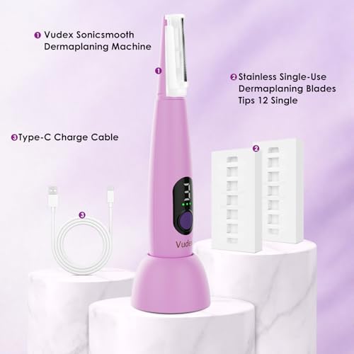 Smooth Dermaplane Razor for Women Facial Peach Fuzz Remove - Facial Hair Removal Kit with 12 Blades, 3 Speeds & LED Light