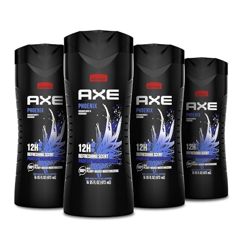 AXE Body Wash Phoenix 4 Count 12h Refreshing Scent Crushed Mint & Rosemary Men's Body Wash 16 oz & Body Wash Apollo 4 Count for Long Lasting Freshness Sage & Cedarwood Men's Body Wash 16 oz