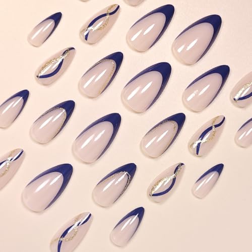 Navy Blue Almond Press On Nails - 24pc Glitter Gold French Tip