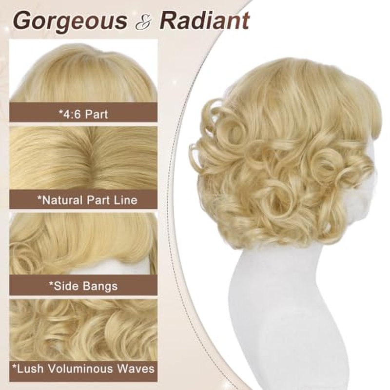 Haloo 12 Inch Light Blonde Short Wig with Bangs - Wavy Curly Synthetic Hair