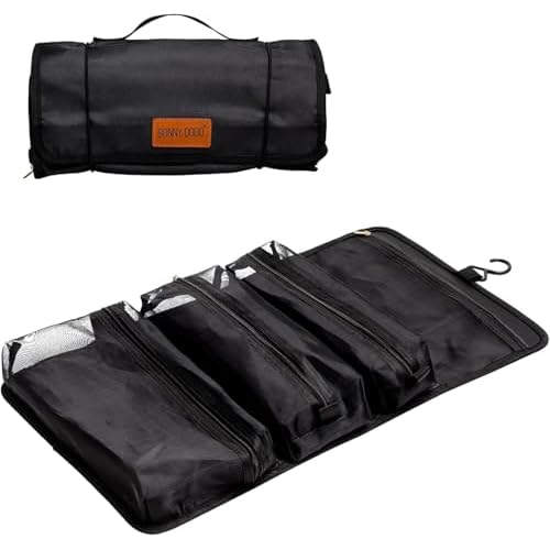 BONNY DODO Toiletry Travel Bag Can Hanging Large Roll-Up Makeup Organizer Bag with 3 Detachable Transparent Mesh Folding Cosmetic Travel Bags for Women & Men Black Toiletries Organizer Bag