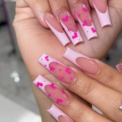 RTKHFZE Square Press-on Nails, 24Pcs False Nails Set with Glossy Finish, Acrylic Material, Pink Heart/Love Designs, French Tip, Art Deco Style for Women Manicure