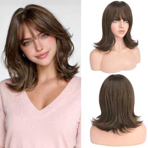 Haloo Brown Bob Wig with Bangs 14 Inch Shoulder Length