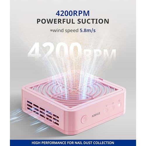 AIRSEE Powerful Nail Dust Collector Nail Tech, Upgraded 4200RPM Vacuum Fan Dust Extractor for Acrylic Nail Polishing and Manicure in Salon & Home, ND503