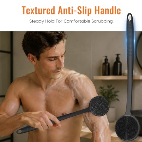 17" Silicone Back Scrubber with Long Handle Double-Sided Shower Brush