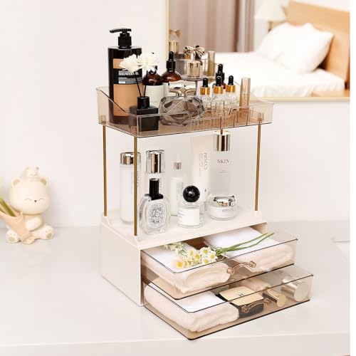 Elegant 2-Tier 2-Drawer Bathroom Countertop Organizer, Multi-Purpose Makeup & Skincare Organizer, Champagne Gold
