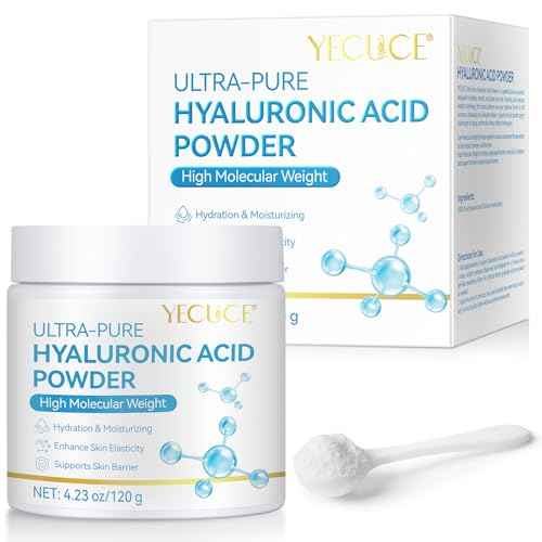 Pure Hyaluronic Acid Serum Powder for Skin & Face, 120G High Molecular Weight Anti Aging Hyaluronic Acid serum, Water Soluble, Fine Powder, Gluten Free, Non-GMO- Includes Scoop
