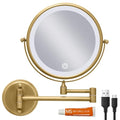Wall Mounted Lighted 8 Inches Rechargeable Double-Sided 1X/10X Magnifying Mirror for Makeup, 3 Colors Led, Touch Dimmable, Memory Function, 360 Rotation, Foldable, Brushed Antique Brass