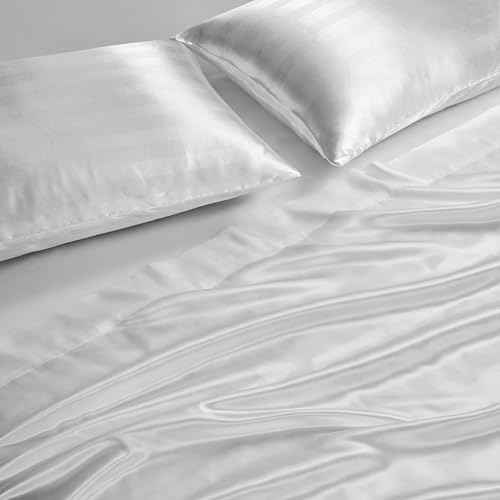 Juicy Couture Silky Satin Damask Sheet Set - Luxury White Bedding - Smooth Striped Sheets - Twin Size