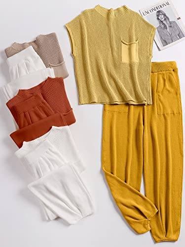 ANRABESS Women's Two Piece Outfits Knit Sweater Pullover Crop Top & Pants Lounge Matching Tracksuit Sweatsuit Sets 2024 Trendy Loungewear Clothes Yellow Small