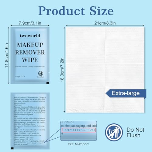 Twoworld Makeup Remover Wipes Bulk Individually Wrapped,Travel Makeup Wipes Gentle for Face Cleansing Mascara Lipstick Travel Hotel(Cucumber,Pack of 100)