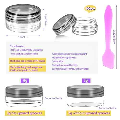 MotBach 100 Pack 3g Plastic Jars with Lids, 3ml Round Clear Cosmetic Containers Makeup Jars, 3 Gram Travel Size Container Jar with Spatulas for Sample Lotion Cream Eyeshadow Ointment Salve Balm Powder