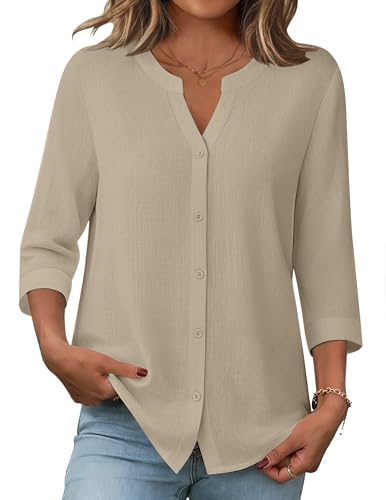 Zeagoo Women's 3/4 Sleeve Linen Cotton V Neck Button Down Shirt