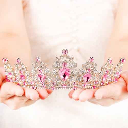 Tiara for Women, Crown and Tiara for Girl Princess, Bride Wedding Happy Birthday Halloween Cosplay Hair Accessories Decorations (Gold Pink)