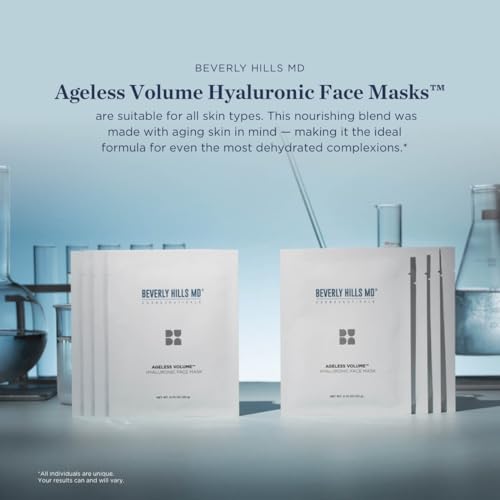 Beverly Hills MD Ageless Volume Hyaluronic Face Mask- Reduce Appearance of Wrinkles, Anti Aging Formula for Plump, Moisturized Skin- 8 Pack- Hydrating & Firming Gentle Sheet Mask
