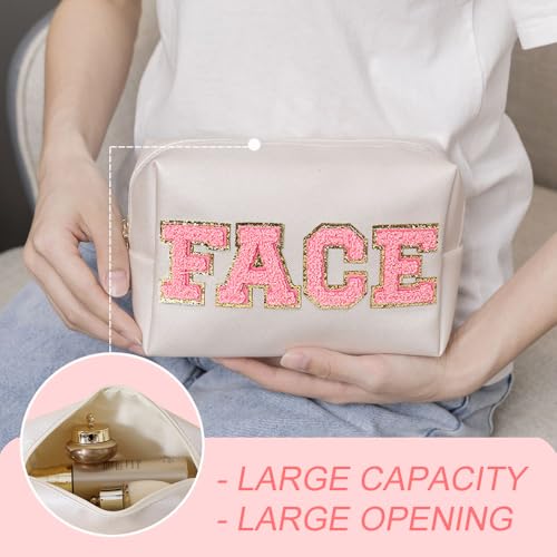 Kaxich 4 Pcs Preppy Patch Makeup Bag, Chenille Letter Cosmetic Bag with Zipper, PU Leather Toiletry Bag Skincare Bag Travel Makeup Pouch for Makeup Washing Nursing, Face Hair Skin Bath Makeup Bag