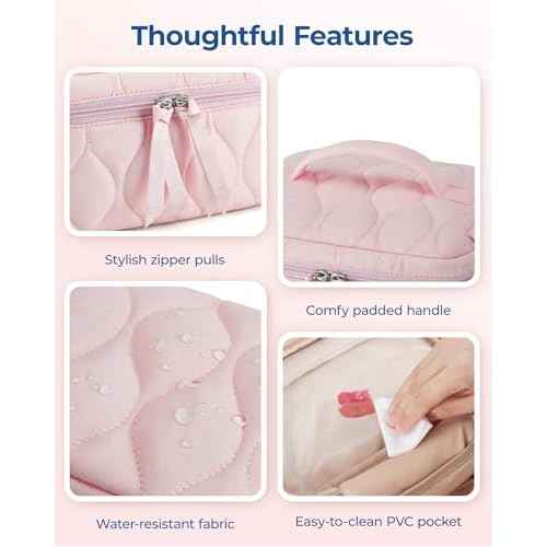 BAGSMART Travel Makeup Bag, 2-Piece Puffy Quilted Cute Make Up Bag Cosmetic Bags for Women, Large Wide-Open Toiletry Pouch Gifts for Toiletries Accessories Travelling Essentials, Pink