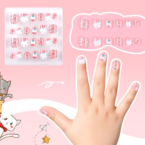 Kawyehu Kids Press on Nails Short Almond Children Fake Nails Artificial Nail Tips Adhesive Full Cover Short False Fingernails for Girls Kids Nail Decoration (Summer Flower-B)