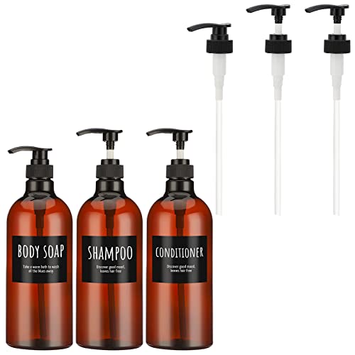 Segbeauty 3pcs Shampoo Conditioner Bottles and Lotion Dispenser Pump Head, 33.8oz Empty Large Refillable Shower Pump Bottles with Labels, Tube Pump Replacement for Bathroom Soap Dispenser