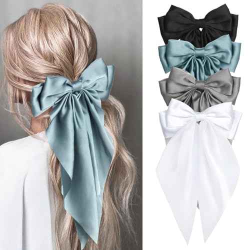 Silky Satin Hair Bows - 4PCS Ribbon Bows for Women & Girls, Big Bow Hair Clips with Long Tail, Barrettes - Cute Hair Accessories Gifts (Black, Blue Grey, Grey, White)