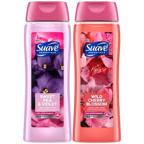 Suave Body Wash Variety 2-Pack, Sweet Pea & Violet + Wild Cherry Blossom ? Gentle Body Washes with Floral Blend Oil Essence, 18 Oz Ea