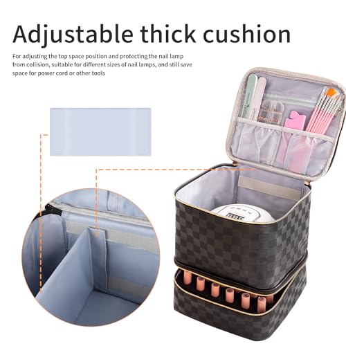 Portable Nail Polish Organizer Bag with UV Light Case - Holds 30 Bottles and 1 UV Nail Lamp, Double-Layers Nail Dryer Case for Gel Nail Polish Kit, Nail Art Decorations£¨Checkered Black£©