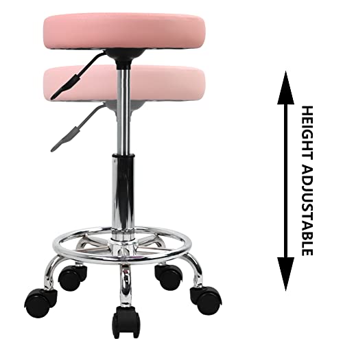 Pink PU Leather Rolling Stool with Footrest & Height Adjustment - Salon & Drafting Chair