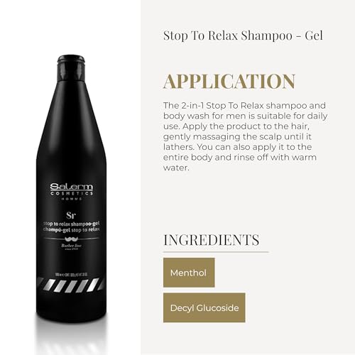 Salerm - 2-in-1 Shampoo and Gel - Stop To Relax Homme Barber Line - 1000 ml - for All Hair and Skin Types - Freshness and Relaxing Aroma - Daily Use - Gentle Cleansing