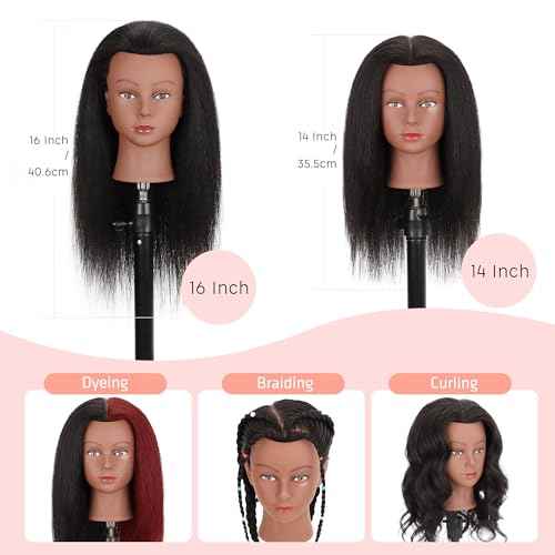 Mannequin Head Human Hair with Ttipod Stand, 100% Real Human Hair Mannequin Head for Braiding, Cosmetology Hair Mannequin Head for Hair Styling with Adjustable Stand Tripod