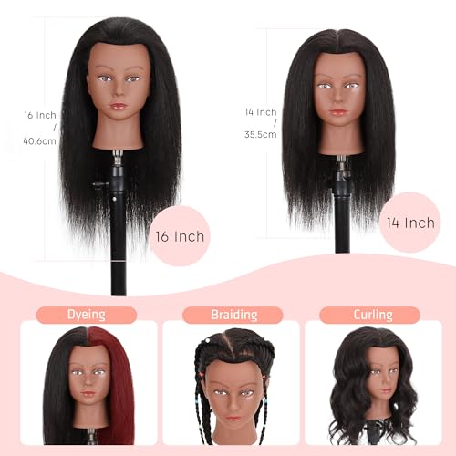 Real Human Hair Mannequin Head 16" Black with Clamp Stand