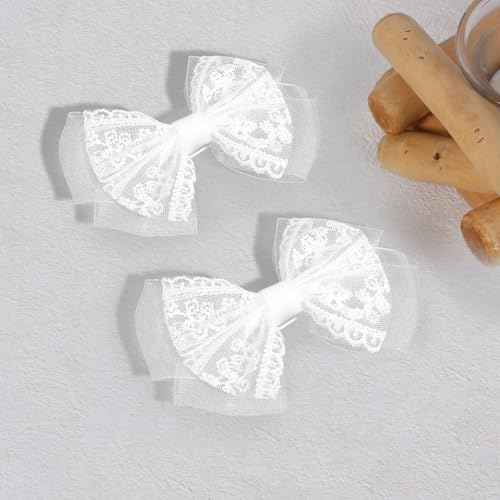 White Mesh Lace Hair Bow Clips Girls 4" Lace Fabric Bowknot Barrettes Alligator Hairpins for Flower Girl Kids Teens Toddler Bride Wedding Communion Pageant Party Dress Accessories Gift