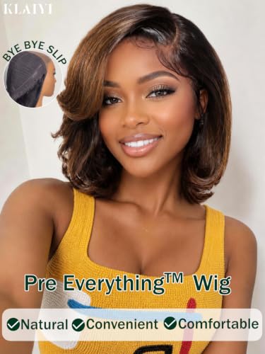 KLAIYI Ombre Brown Bob Wig - Glueless 7x5 Lace Front, 10 Inch