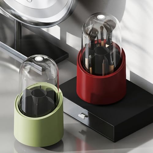 Fantasee 360¡Æ Rotating Makeup Brush Organizer, 7-Compartment Storage with Transparent Dustproof Cover, Cosmetic Tools Storage Holder for Bathroom Vanity Countertop (Fresh Green, Cylindrical)