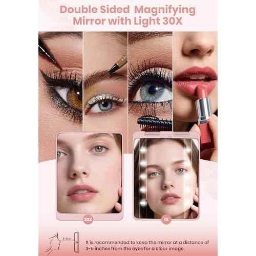 Compact Mirror, Rechargeable 30X Magnifying Mirror with 3 Lighting Modes & Dimmable Brightness, Portable Travel Makeup Mirror with Light, Essentials for Travel, Pocket, Purse, Gifts for Women Pink