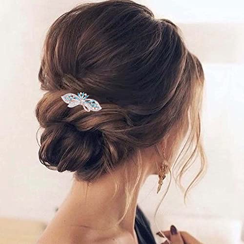 Yheakne Crystal Wedding Hair Clip Barrette Blue Rhinestone Hair Barrette Clip Bling Bridal Headpieces Decorative Head Clip Headwear Crystal Bride Hair Accessories for Women and Girls Gifts for Bridesmaid (Blue)